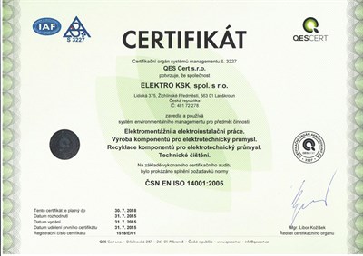 Certifikát ČSN EN ISO 14001:2005 společnosti ELEKTRO KSK