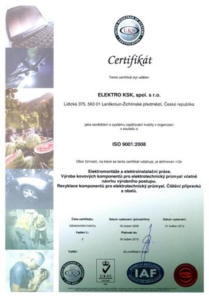 Certifikát ISO 9001:2008 společnosti ELEKTRO KSK