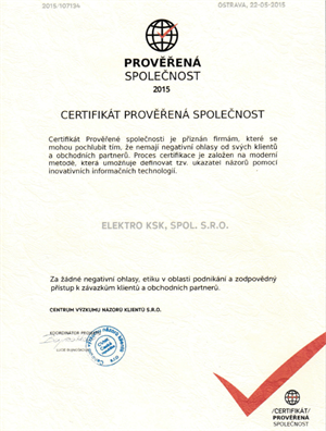 Certifikát Prověřená společnost 2015 – ELEKTRO KSK