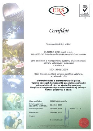 Certifikát URS ISO 14001:2004 společnosti ELEKTRO KSK