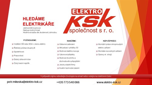 Hledáme elektrikáře – nabídka práce v ELEKTRO KSK
