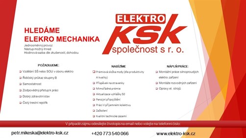 Hledáme elektromechanika – nabídka práce v ELEKTRO KSK